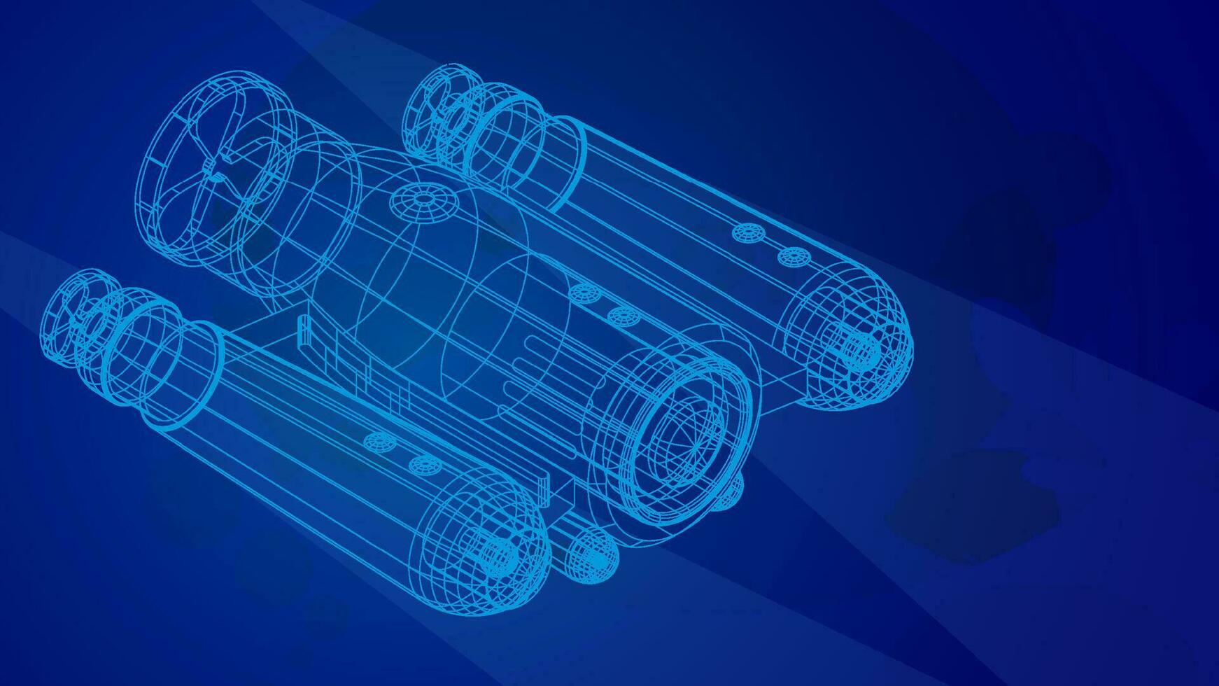 autonomous underwater robot drone for seabed exploration and deep sea video filming in wireframe low poly mesh on blue underwater background. 3d vector