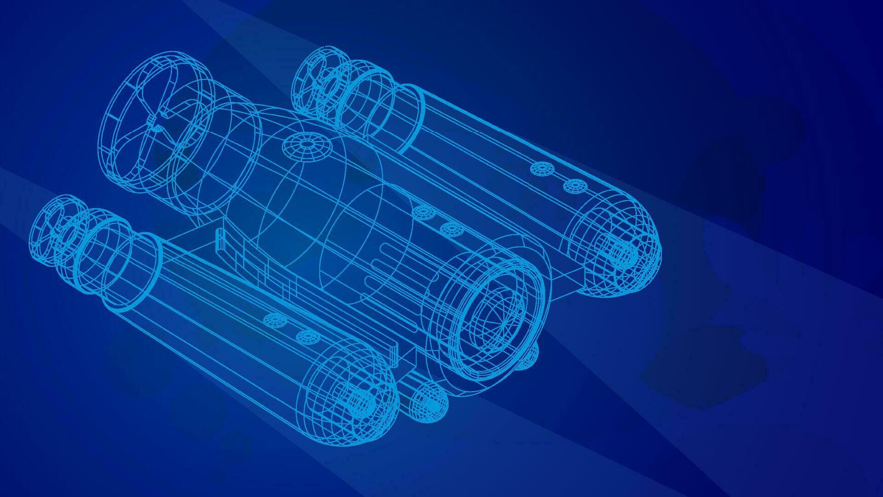 autonomous underwater robot drone for seabed exploration and deep sea video filming in wireframe low poly mesh on blue underwater background. 3d vector