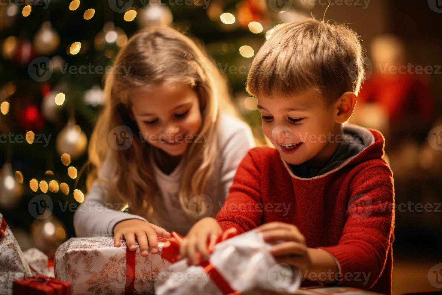Children joyfully unwrapping 90s vintage gifts under a festive Christmas tree photo