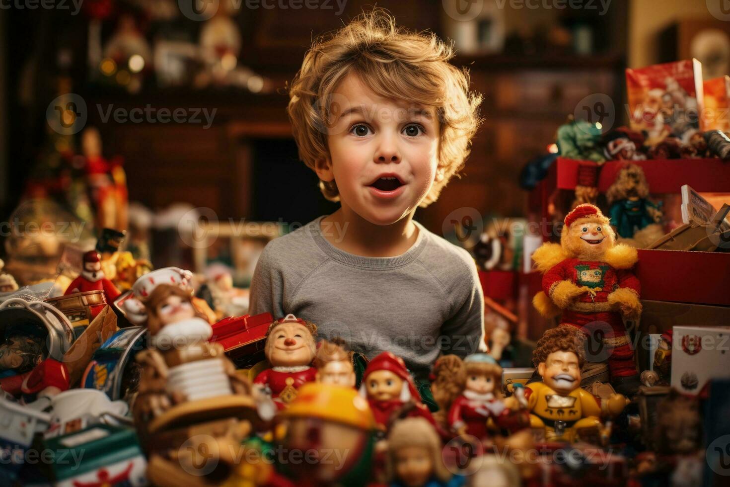 90s child ecstatically unwraps favorite toy amidst vibrant Christmas morning chaos photo