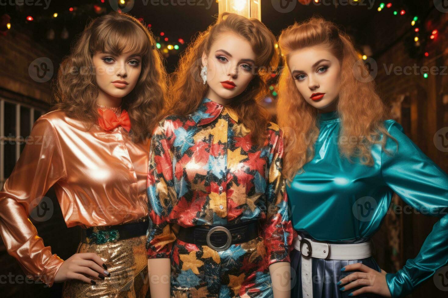 Teenagers flaunting 90s holiday inspired fashion trends at a lively Christmas disco photo