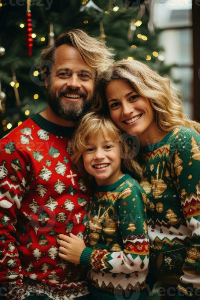 Family in 90s holiday sweaters cheerfully posing by a Christmas tree photo