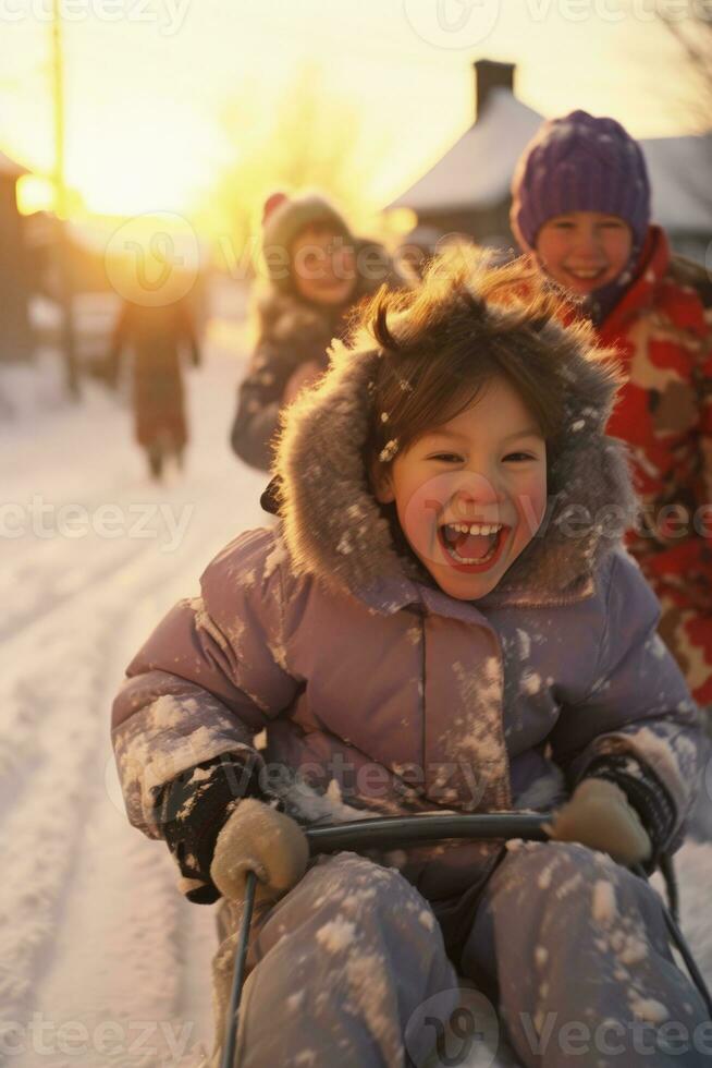 90s children joyfully sledging in a snowy Christmas landscape at dusk photo