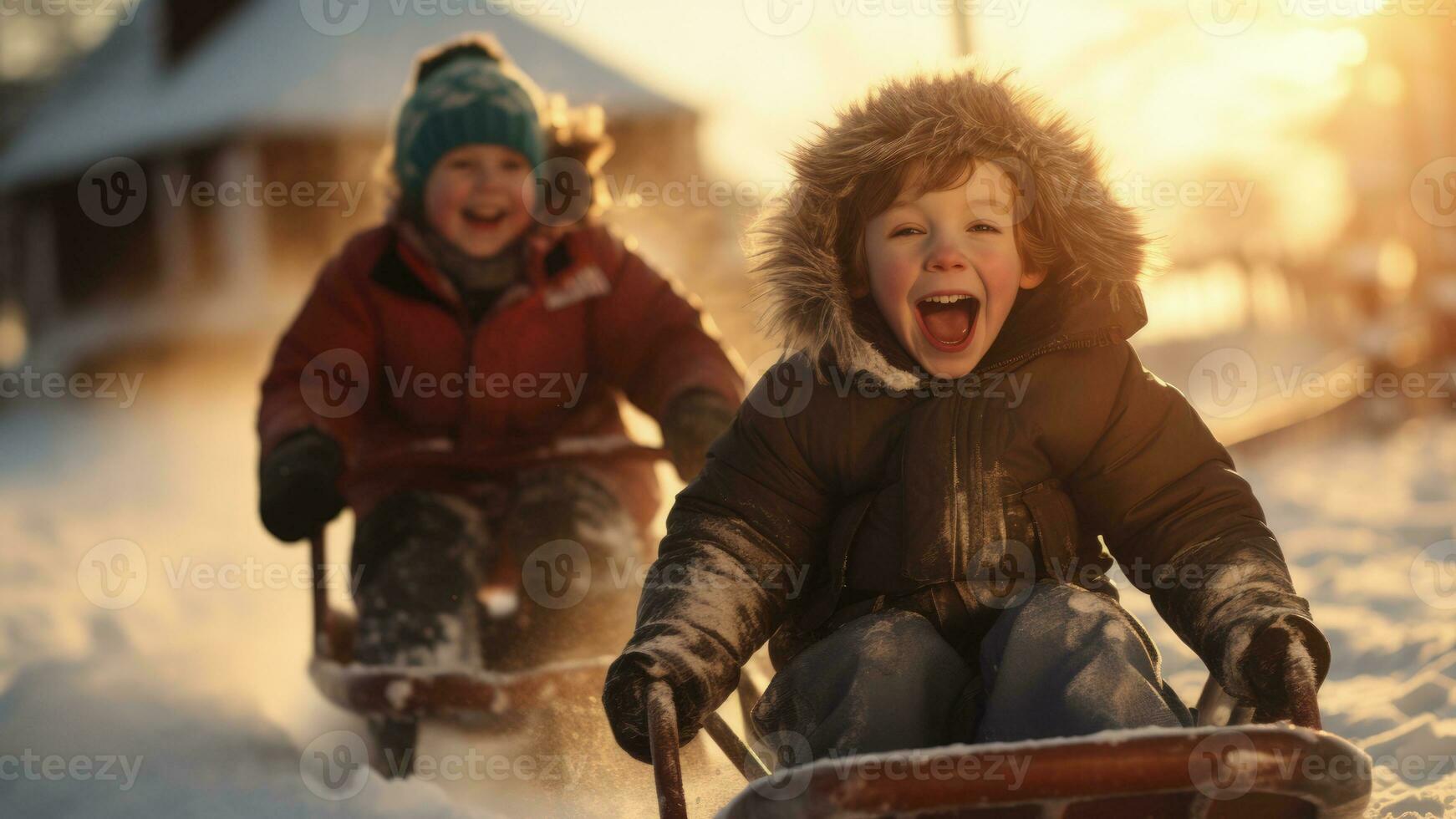 90s children joyfully sledging in a snowy Christmas landscape at dusk photo