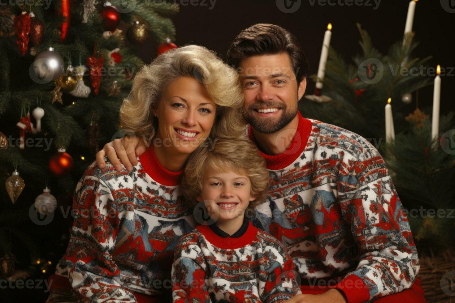 Family in 90s holiday sweaters cheerfully posing by a Christmas tree photo