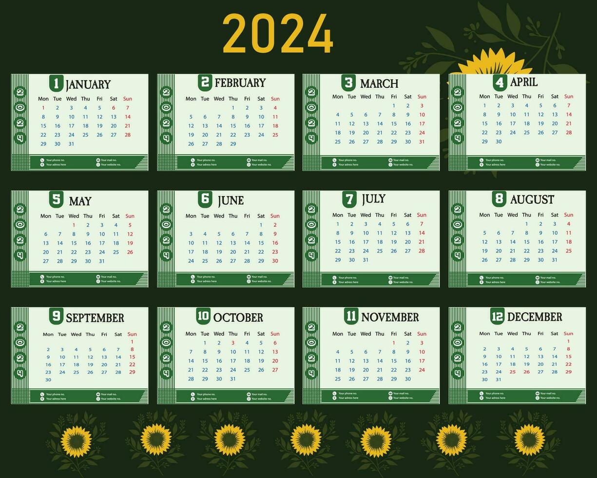 Calendar design in 2024, week start Monday corporate design template vector