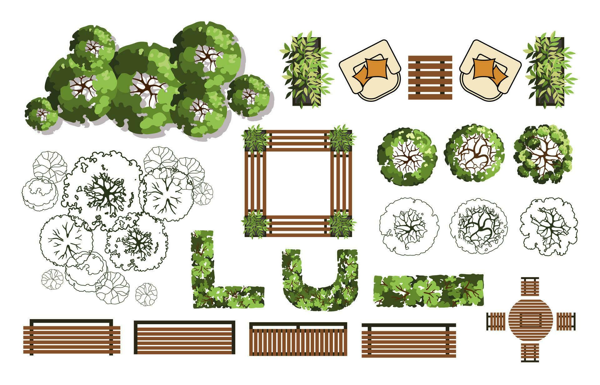 Top view elements for the landscape design plan. Trees and benches for