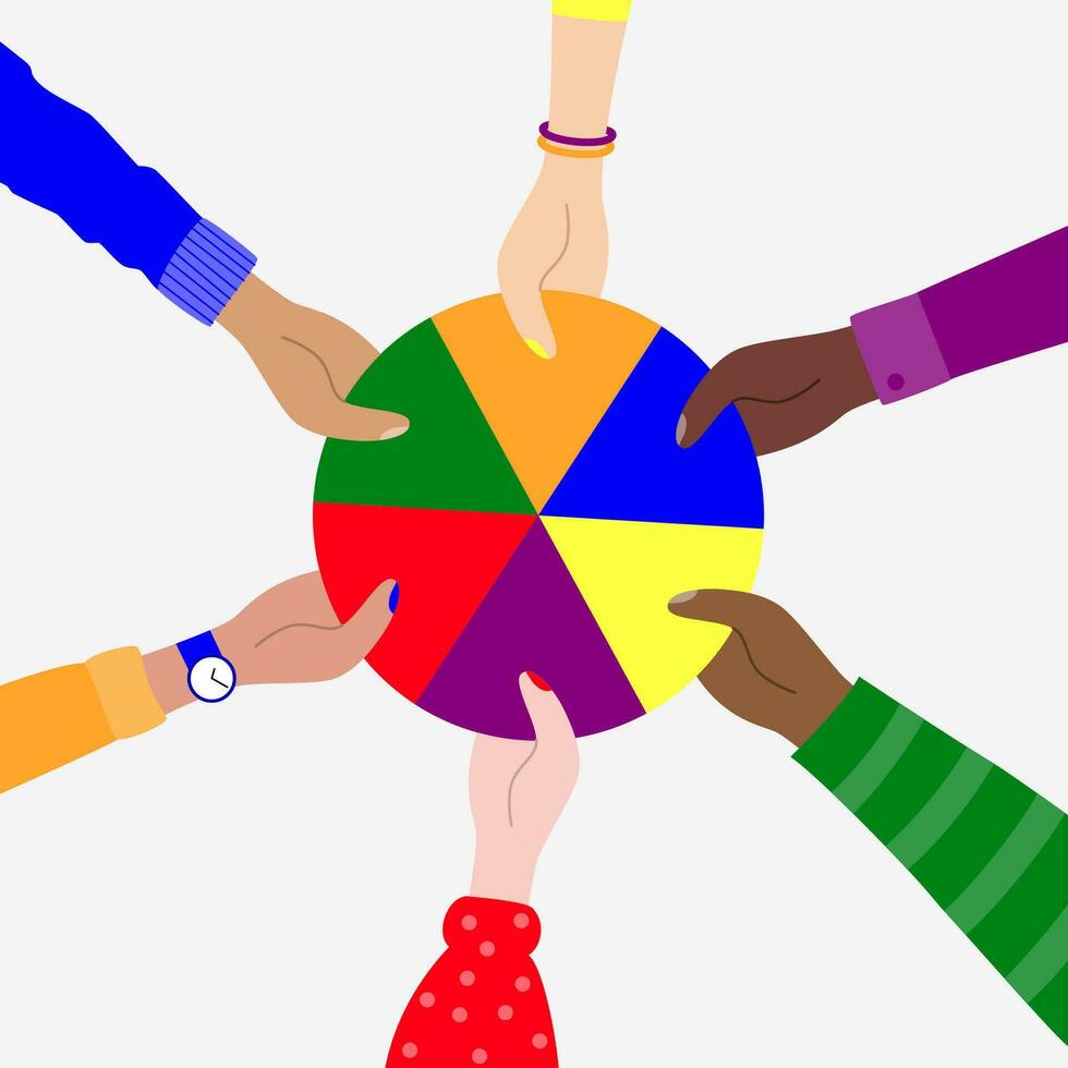 Cartoon hands of mixed-race people holding symbolic figures joined in the LGBT flag. Top view. Diversity, inclusion and equality. Community cooperation, teamwork, sexual freedom. Vector illustration