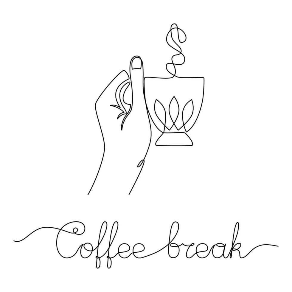 Single one line drawing of hand holding a mug with inscription Coffee break. Hot beverage with steam. Template for print, card, menu, logo, poster, invitation. Sketch, line art. Minimalist style vector