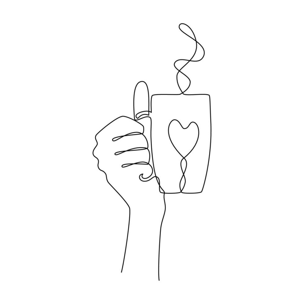 Single one line drawing of hand holding a mug with a heart. Concept of hot coffee or tea made with love. Template for print, menu, card, invitation, advertisement. Sketch, line art. Minimalist style. vector