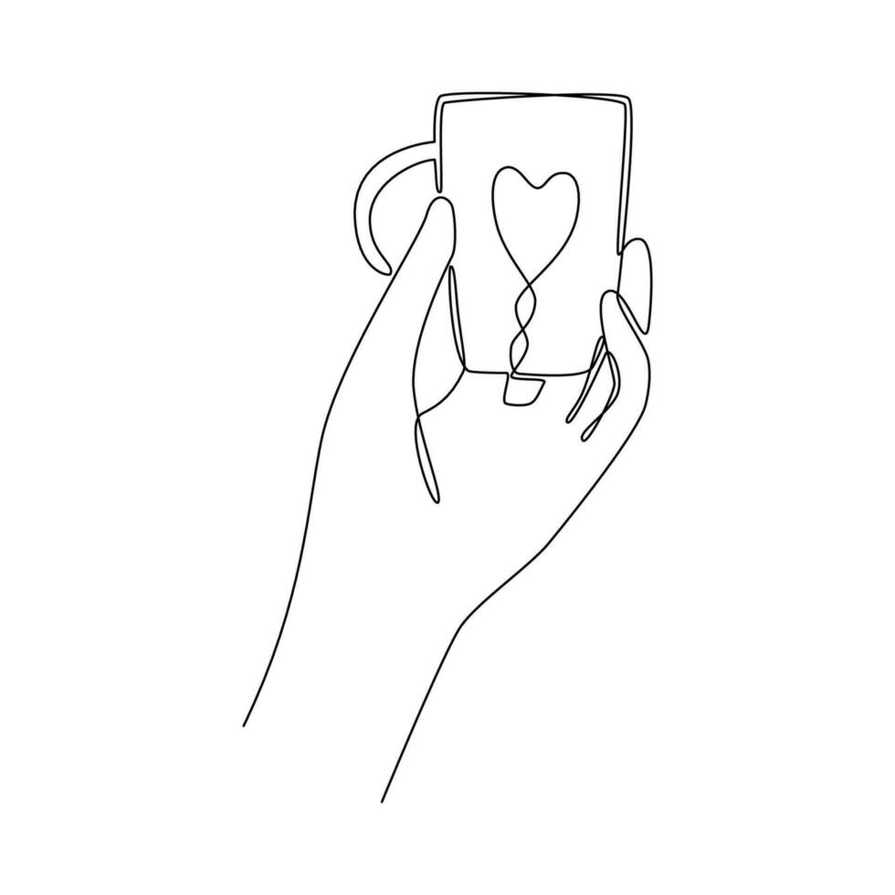Single one line drawing of hand holding a ceramic mug. Hot coffee or tea concept. Template for print, menu, postcard, invitation, advertisement. Sketch, line art. Minimalist style. Vector illustration