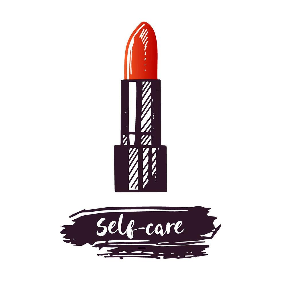 Hand-drawn lipstick, beauty cosmetic element, self care. Illustration for beauty salon, cosmetic store, makeup design. Doodle sketch style. vector