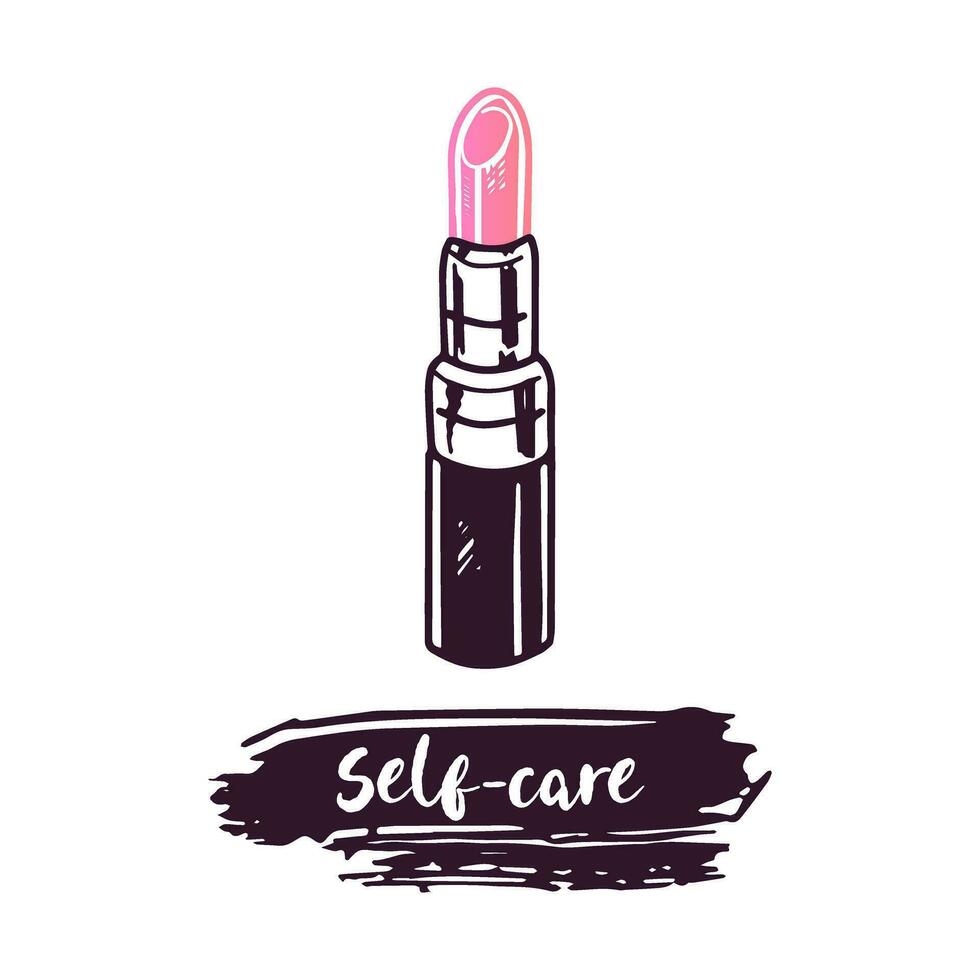 Hand-drawn lipstick, beauty cosmetic element, self care. Illustration for beauty salon, cosmetic store, makeup design. Doodle sketch style. vector