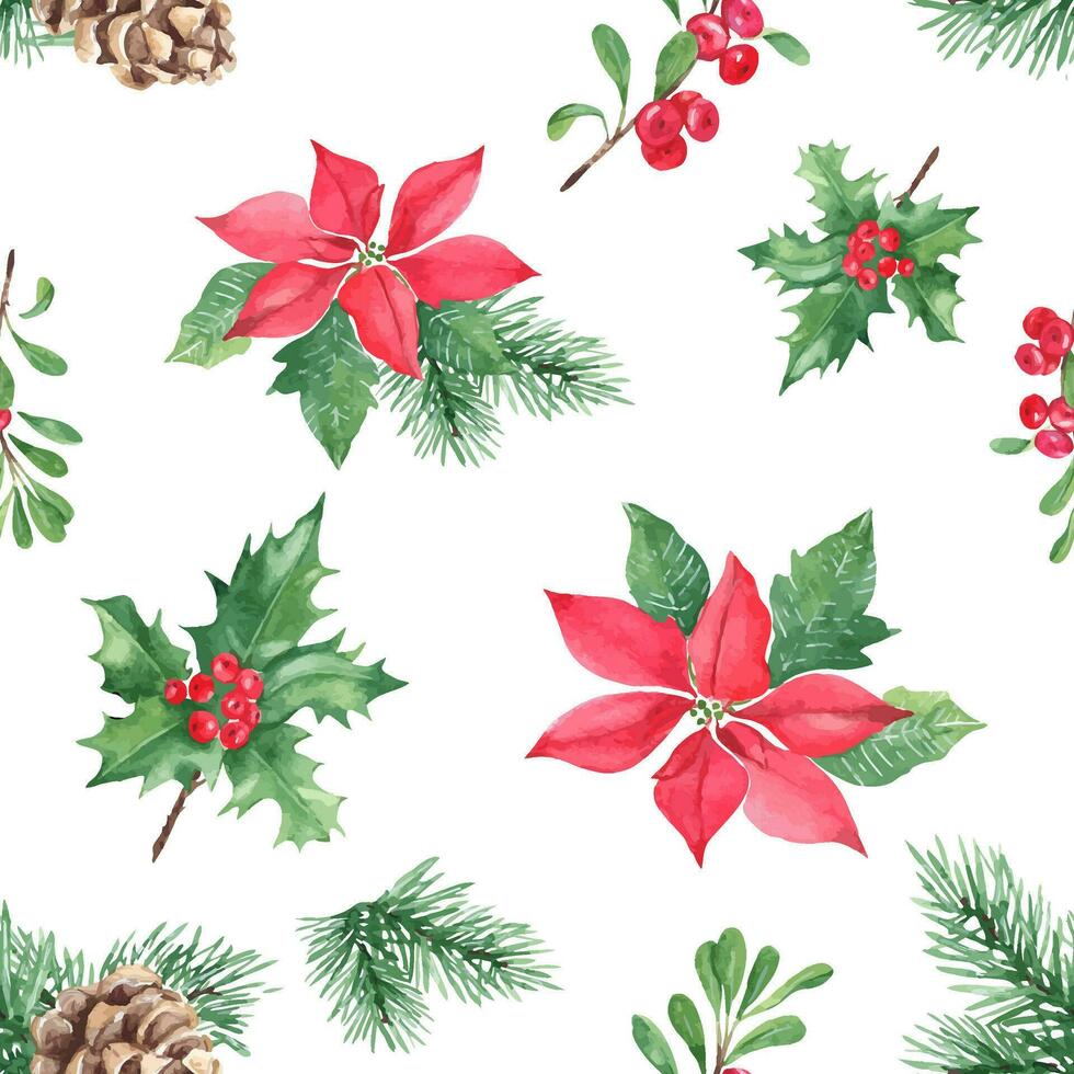 Christmas hand drawn seamless pattern with winter plants. Forest pine branches, holly with red berries, red poinsettia and cowberry or lingonberry. For fabric or textile prints, gift packaging paper vector