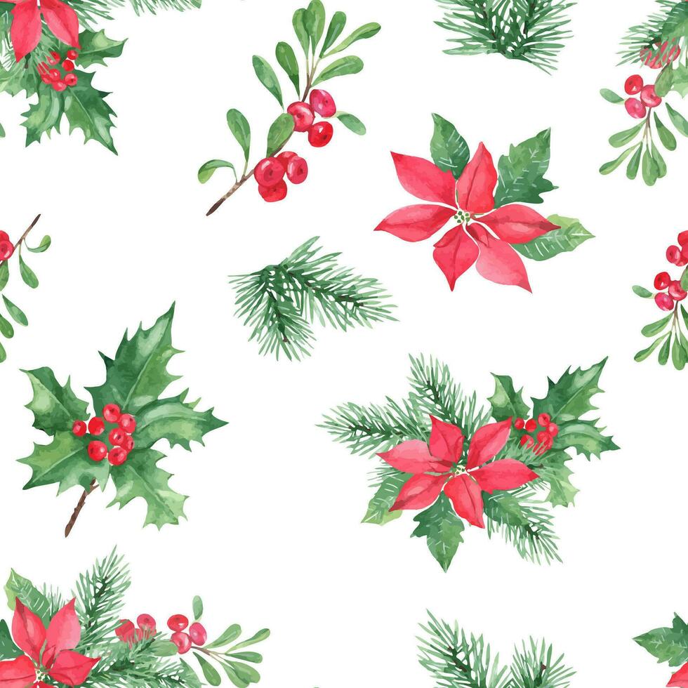 Navidad mano dibujado sin costura modelo con invierno plantas. bosque pino ramas con cono, acebo con rojo bayas, rojo flor de pascua y airela o arándano rojo para tela o textil huellas dactilares vector