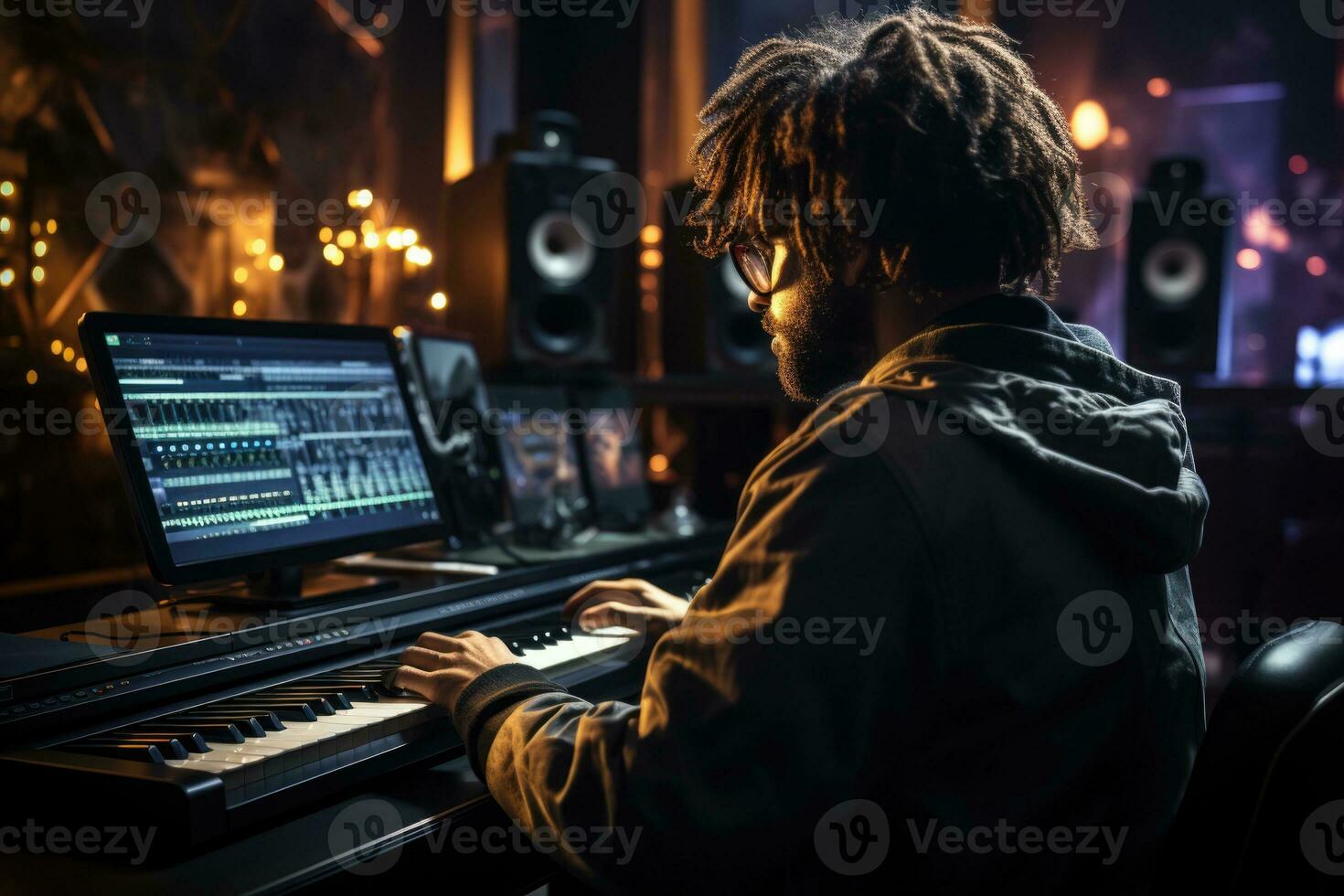 Musician composing music using AI powered music creation software in home studio photo