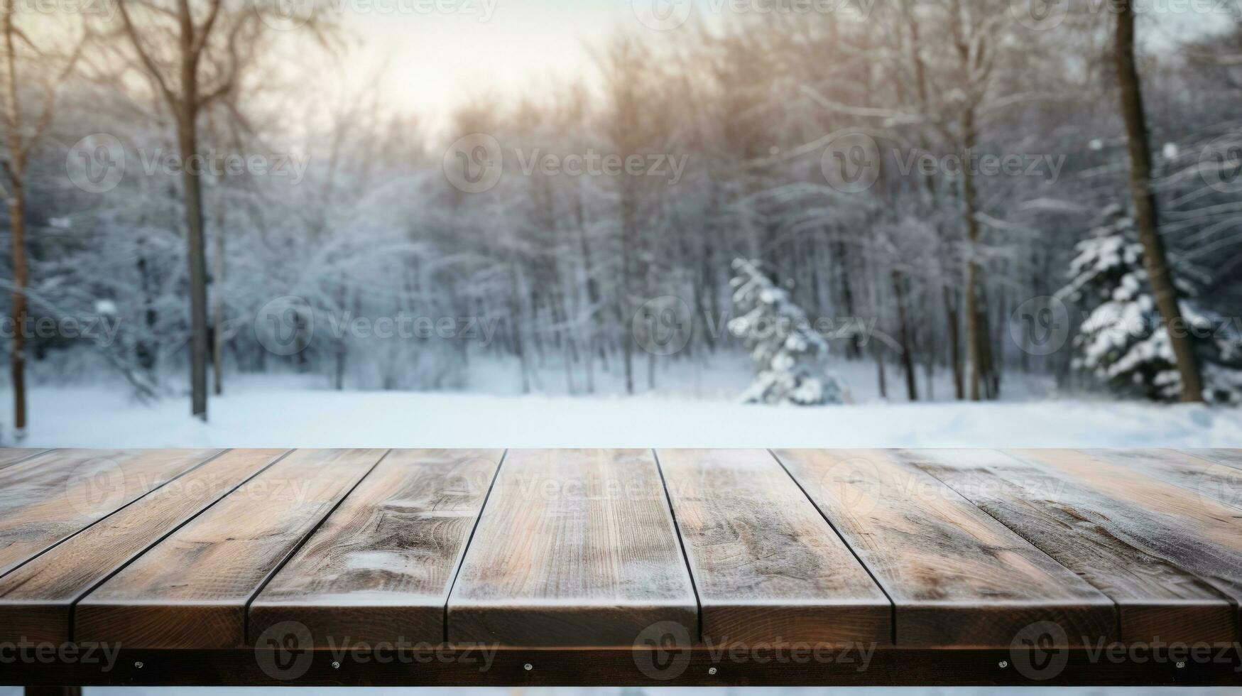 Wooden table with a background of a snowy forest in winter photo