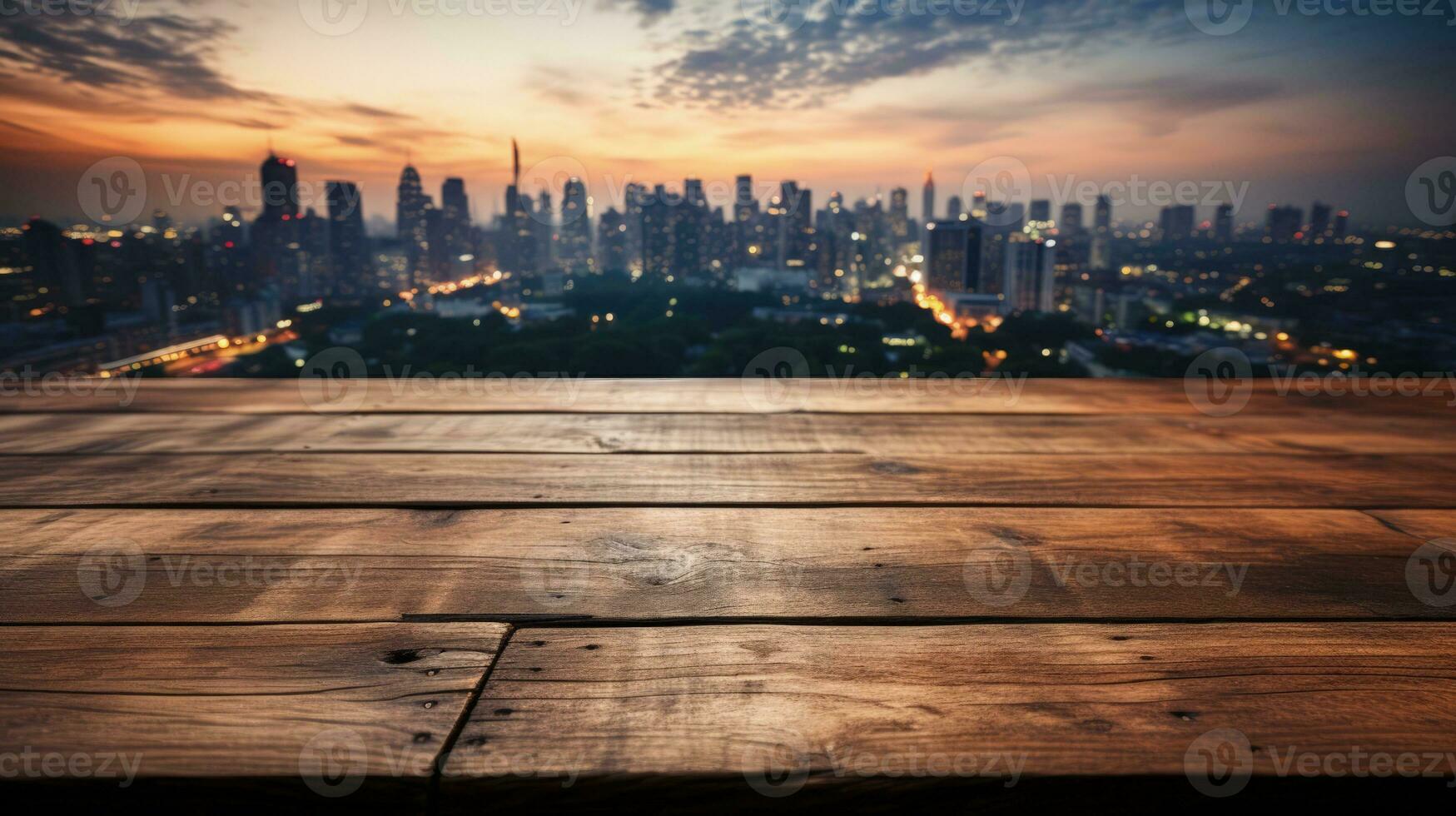 Wooden table with a background of a city skyline at twilight photo