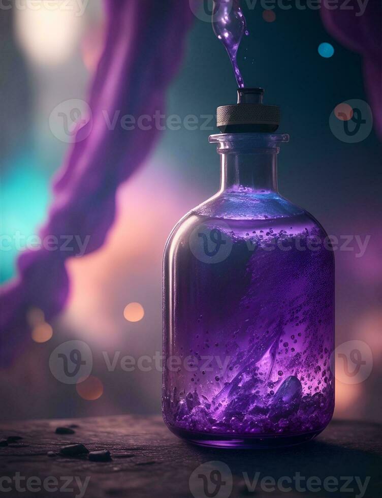 A bottle or flask with a magical colored potion. Fairytale image. Full color illustration for design projects. Illustration for game projects. Generative AI. photo