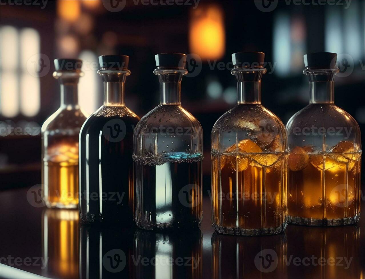 A bottle or flask with a magical colored potion. Fairytale image. Full color illustration for design projects. Illustration for game projects. Generative AI. photo