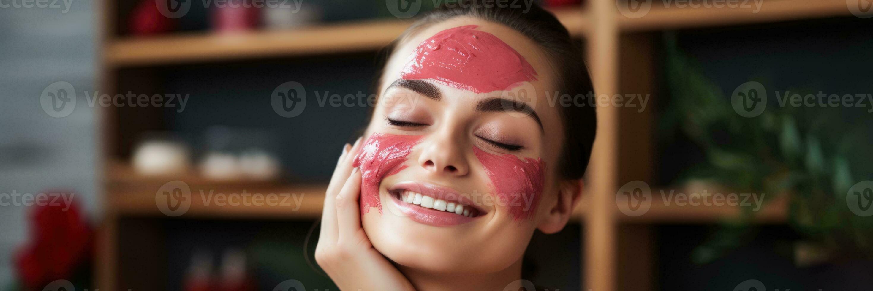 A female artist rejuvenating her skin with a refreshing pomegranate facial mask while in her art studio relaxing spa background with empty space for text photo