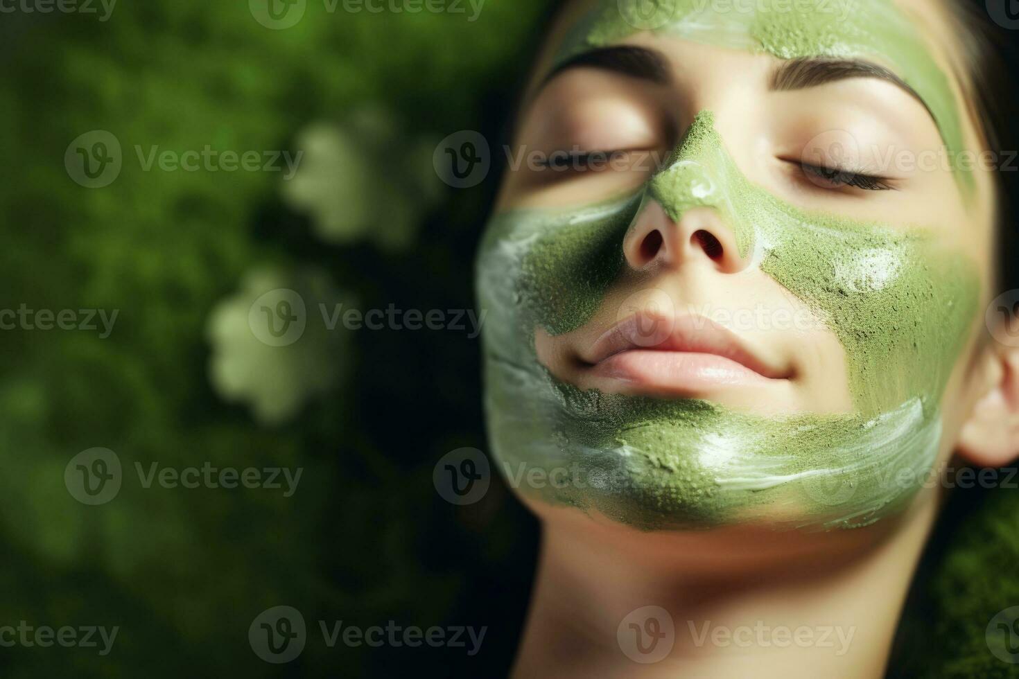 Organic green herbal facial mask applied on a beautiful young womans face relaxing spa background with empty space for text photo