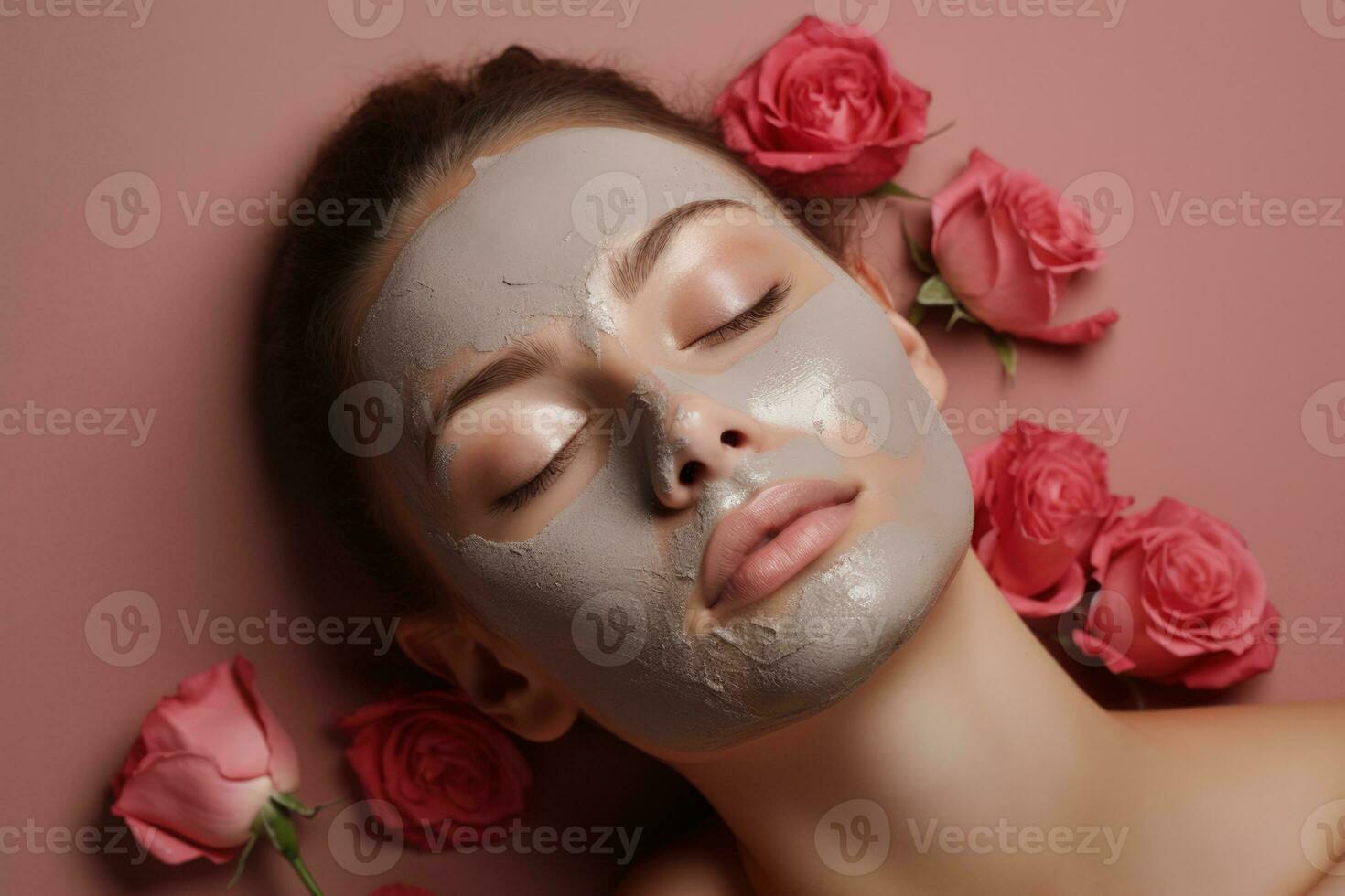 An attractive woman with freckles applying a rose infused clay mask for skincare treatment relaxing spa background with empty space for text photo