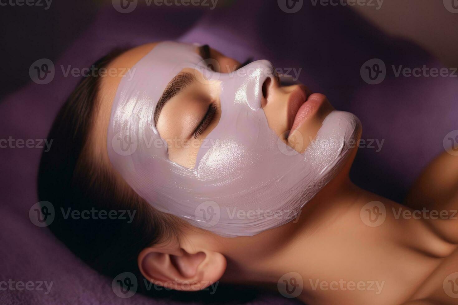 A professional masseuse applying a lavender infused facial mask on a client for relaxation and skin rejuvenation relaxing spa background with empty space for text photo