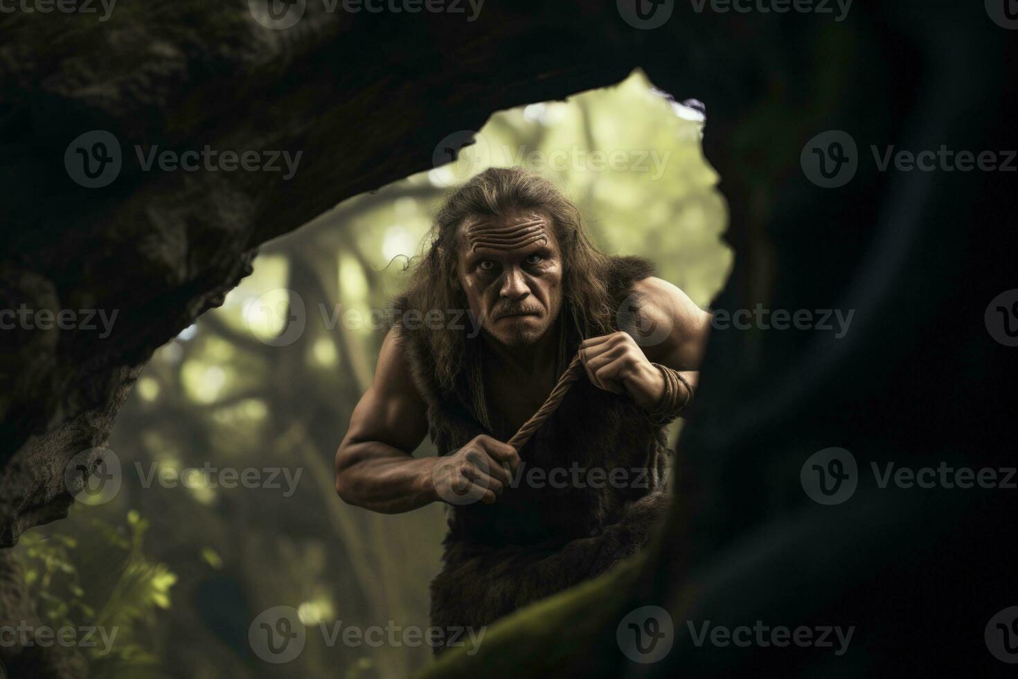 Caveman navigating through dense prehistoric forest photo