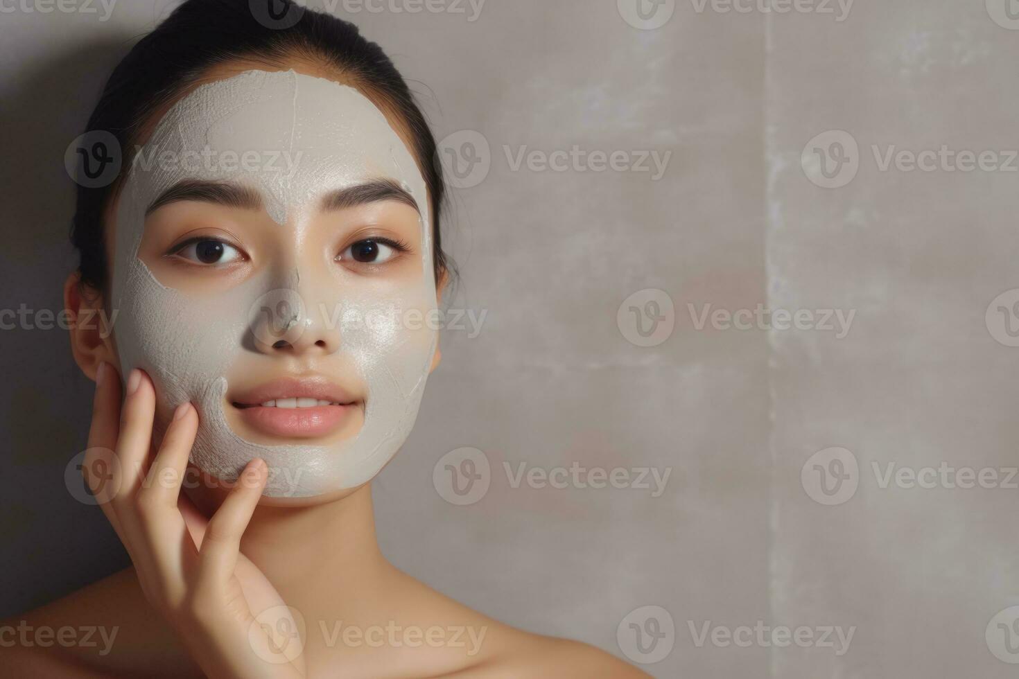 A young Asian girl applying a peel off facial mask looking at a mirror relaxing spa background with empty space for text photo