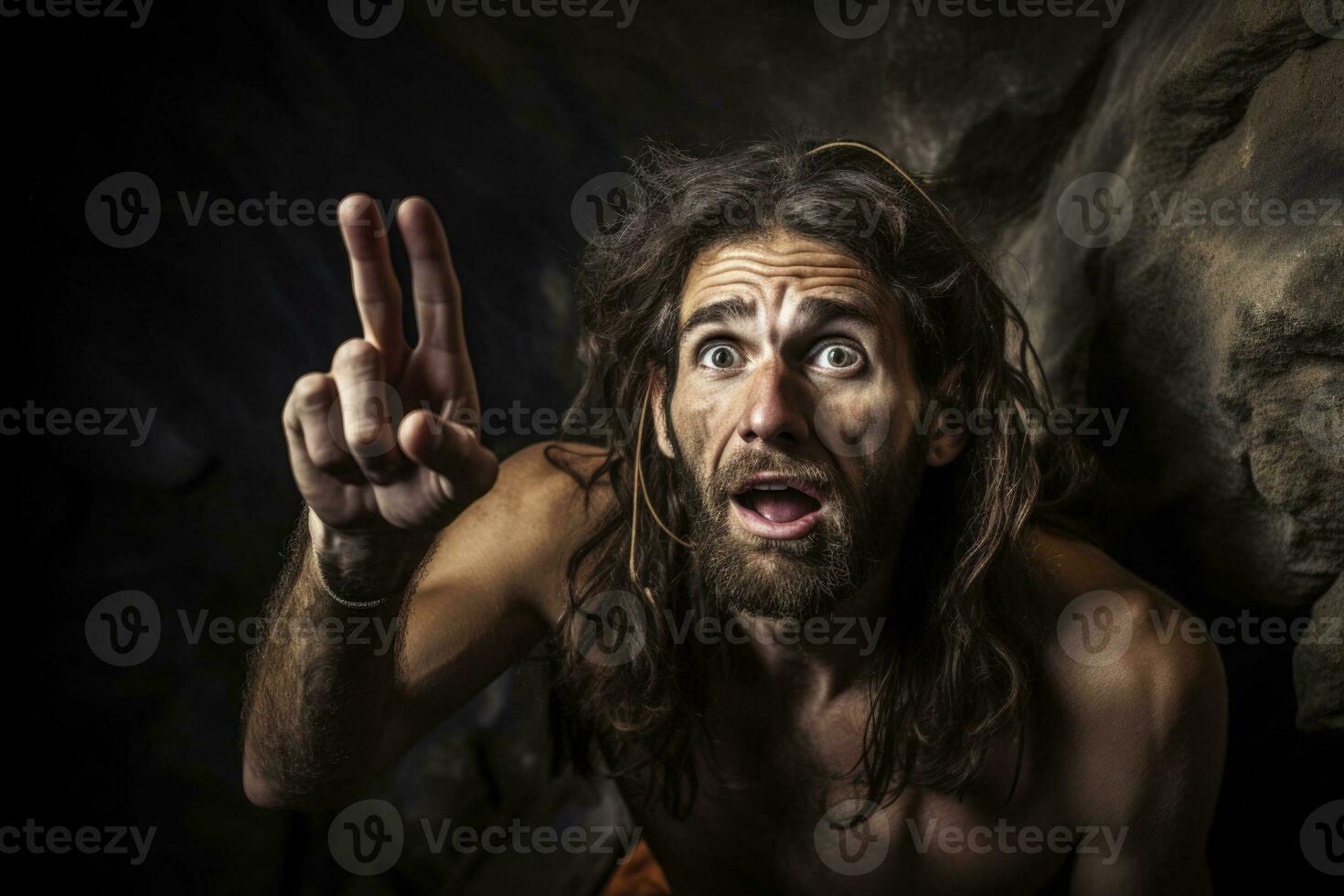 Caveman communicating with primitive language and gestures photo