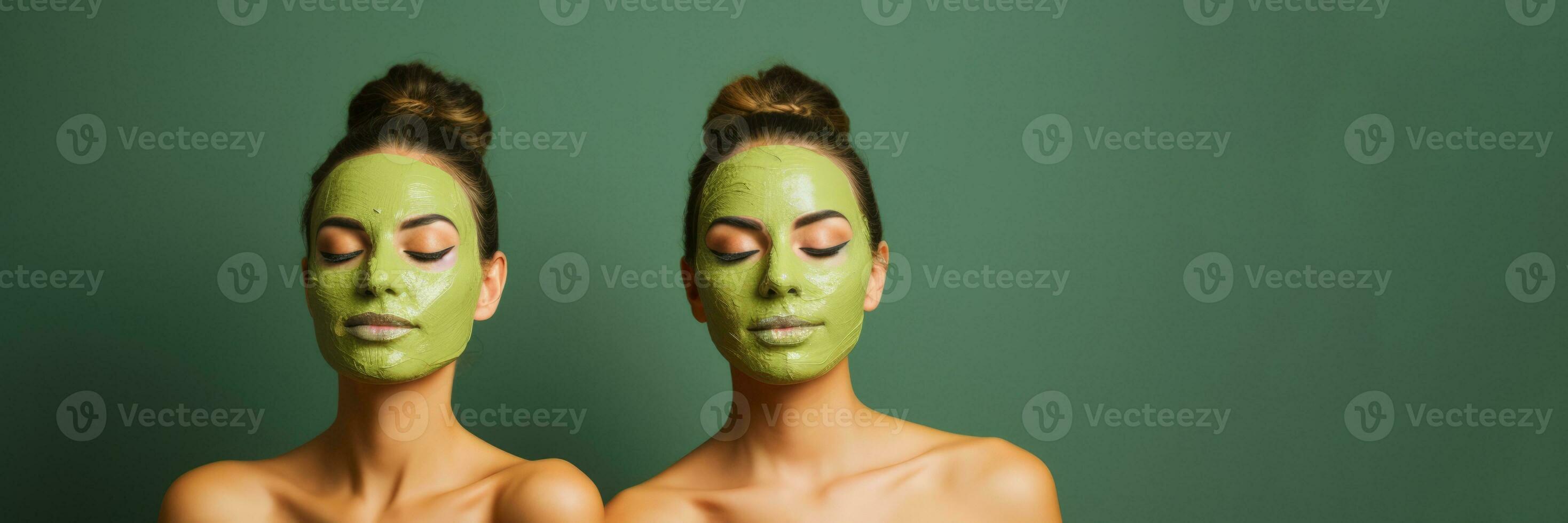 A pair of identical twin sisters applying a matcha tea facial mask for anti aging skincare relaxing spa background with empty space for text photo