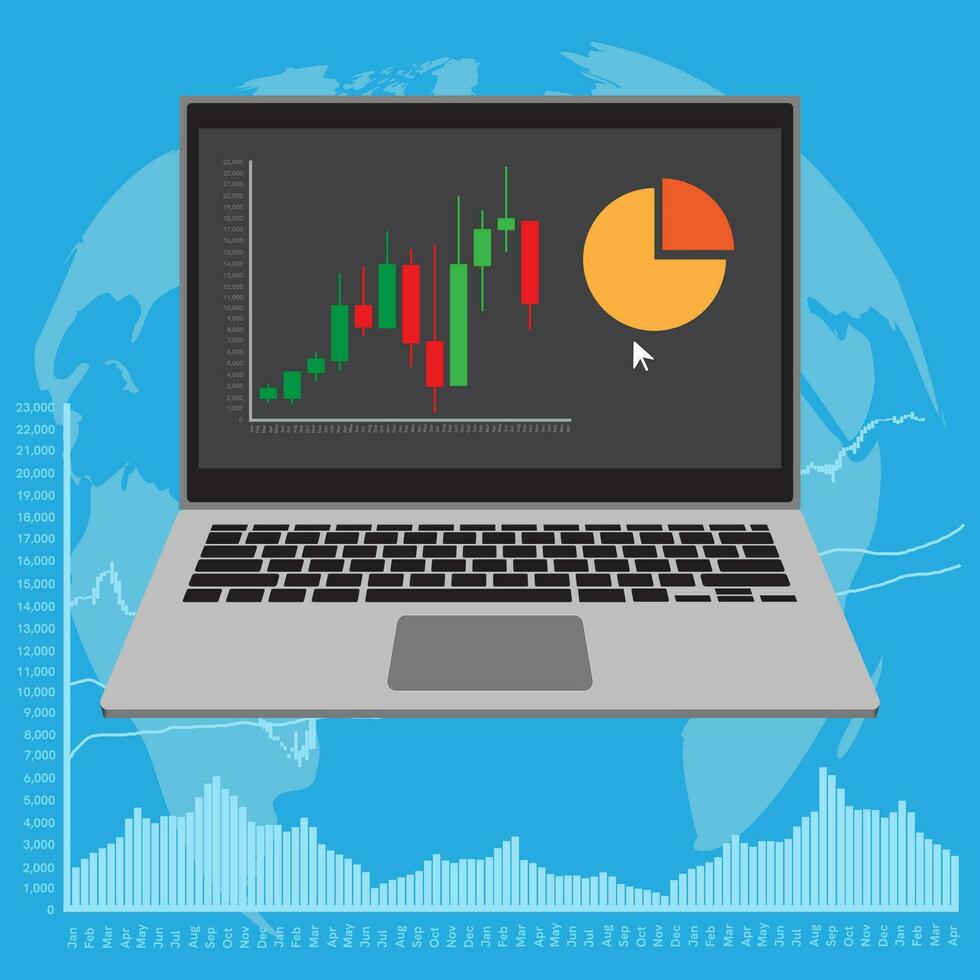 binario opciones, comercio plataforma, comercio intercambiar interfaz en el pantalla de un realista negro ordenador portátil en un aislado fondo, vector ilustración.