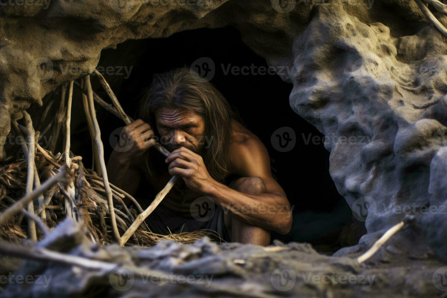 cavernícola edificio un primitivo abrigo con rocas y ramas foto