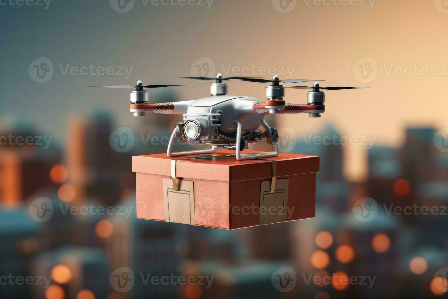 Drones delivering packages in urban areas solid background with empty space for text photo