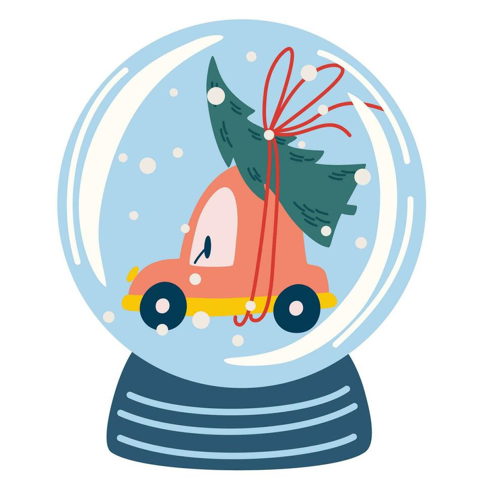 Christmas Crystal Snow Globe with xmas tree on roof car. Decoration Sphere. New year hand draw vector illustration