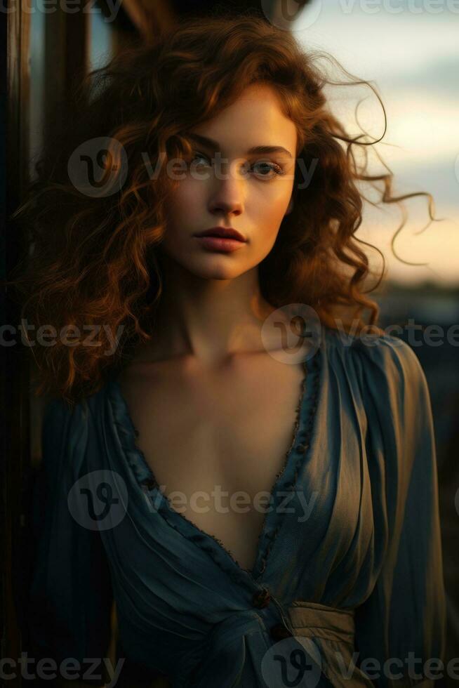 Vintage model contemplates twilight career captured in deep blues and fading sunset tones photo