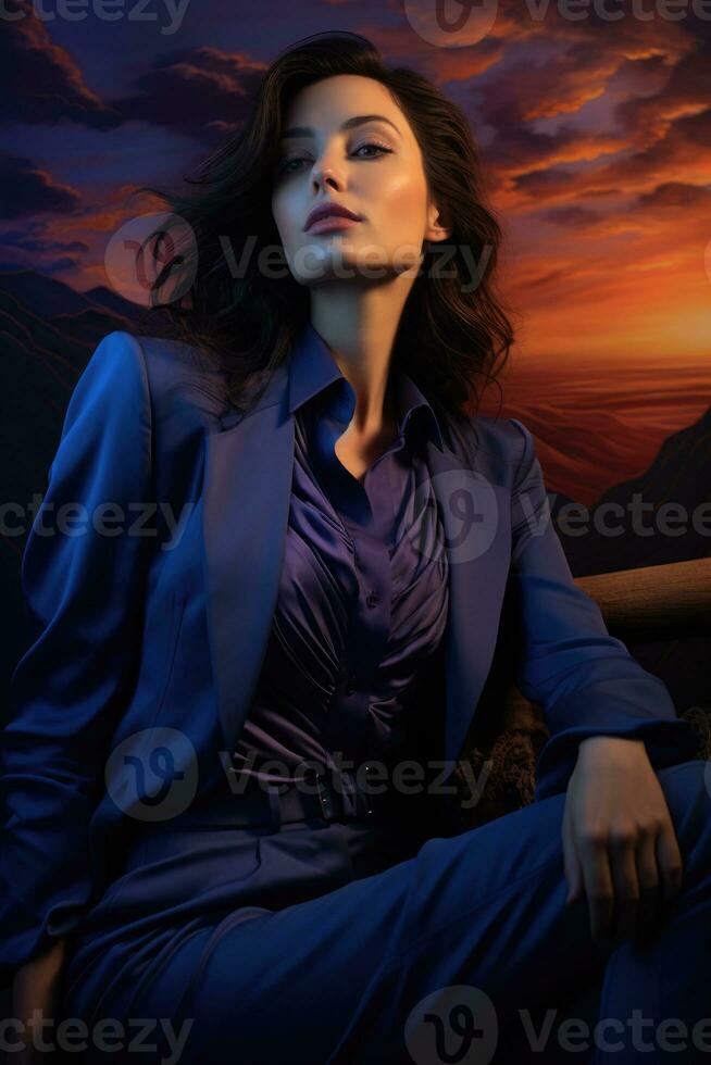 Model in twilight of career reflects captured in deep blue and soft purple hues photo
