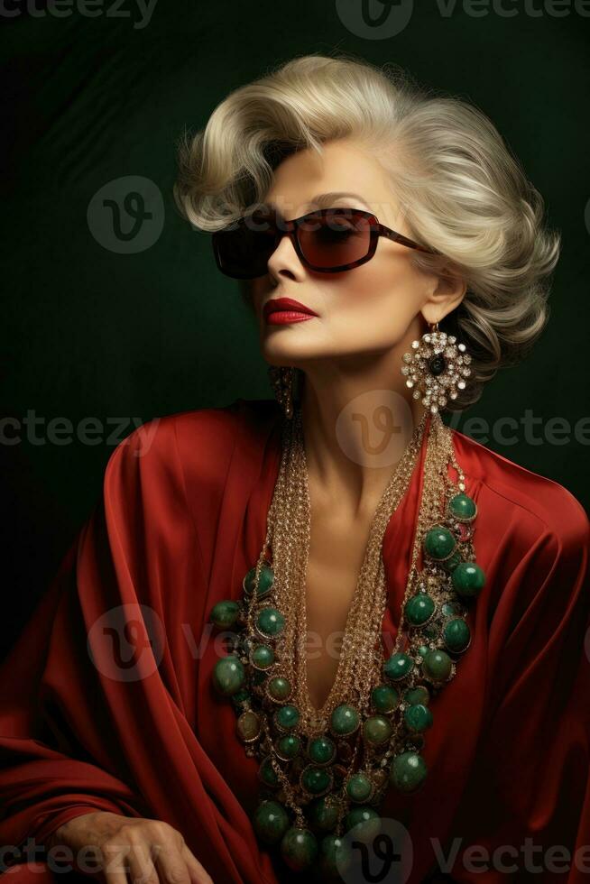 Aging fashionista uncovers past elegance depicted in beige emerald and ruby hues photo