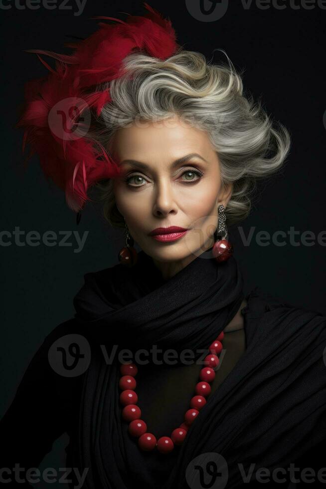 Aging models vanity ritual in soft black gray and vibrant crimson accents photo