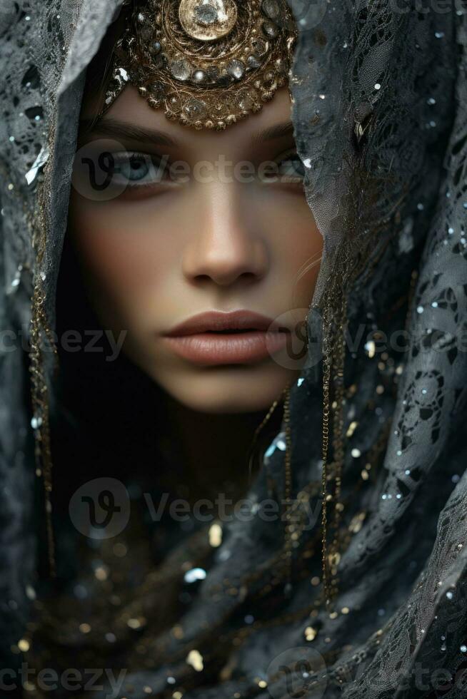 Sequin whispers from past glories aged model shrouded in silver and midnight hues photo