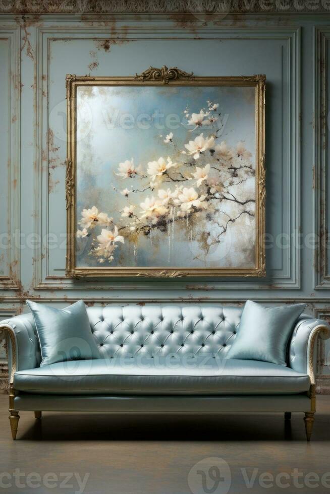 Model relishes bygone elegance framed in antique gold ivory and pastel blues photo