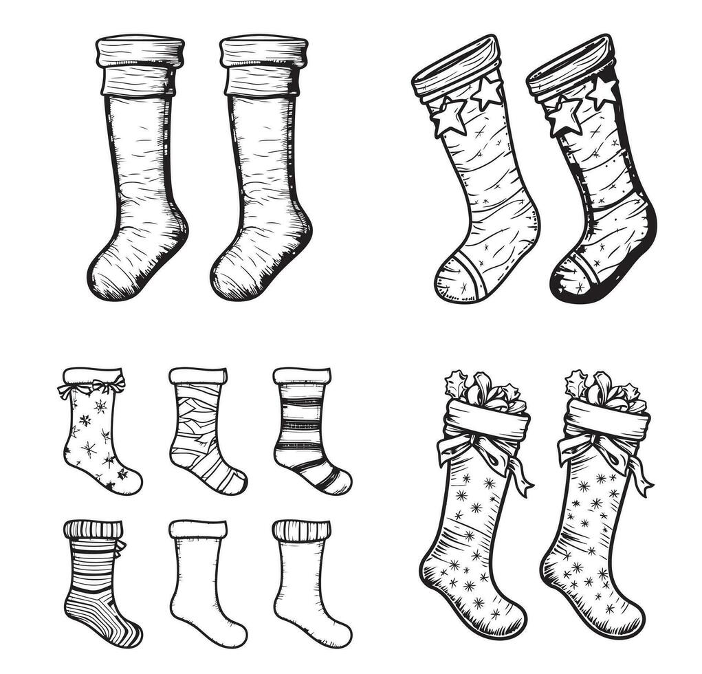 Set of Christmas socks. Socks isolated on white background. Sketch, vector