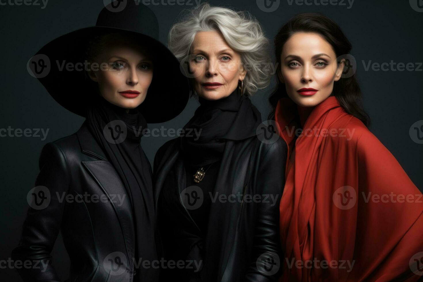 Aging models vanity ritual in soft black gray and vibrant crimson accents photo