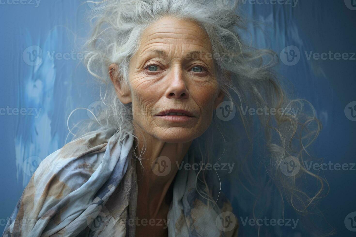 Aging model reflecting bathed in soft greys iridescent whites and indigo shadows photo