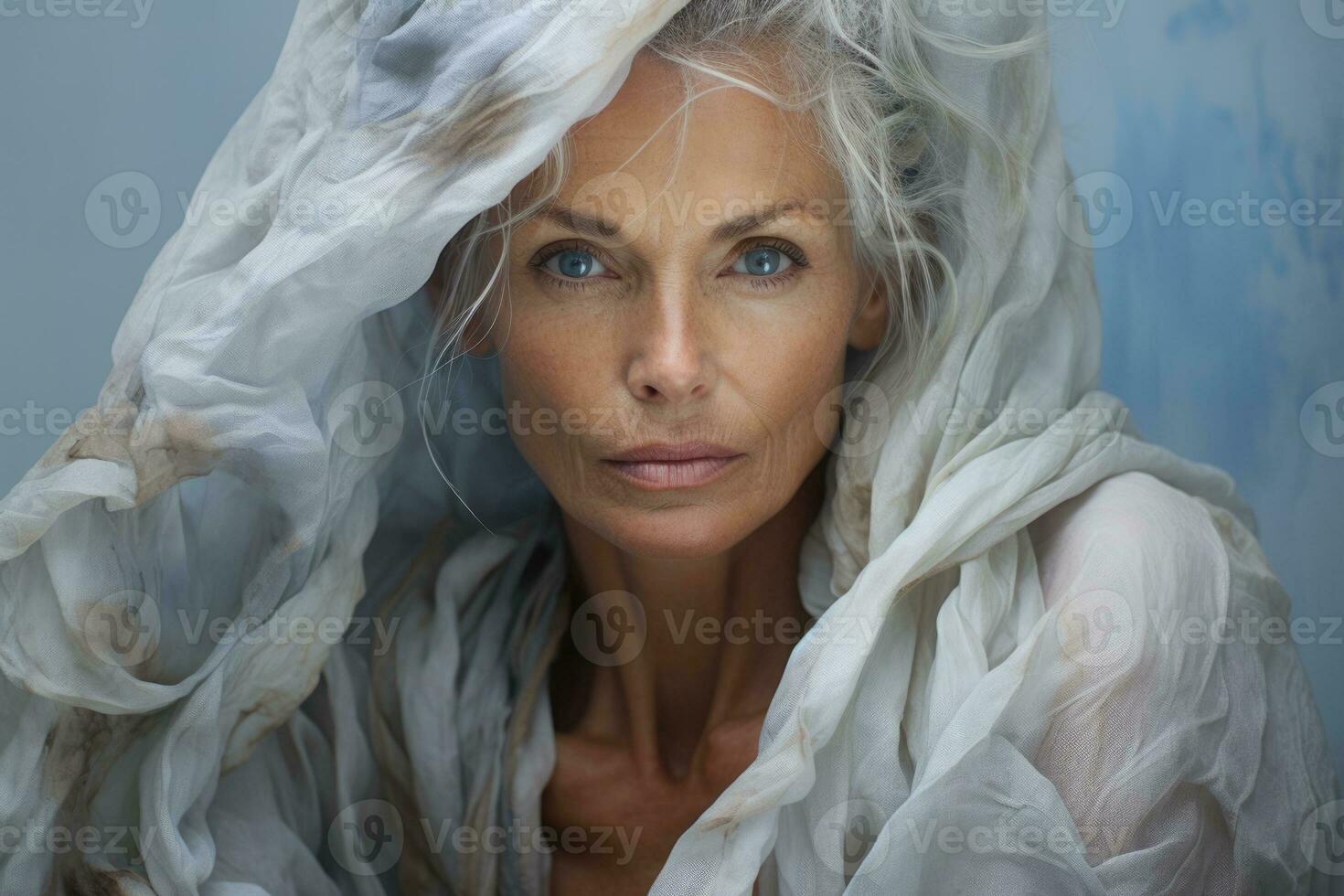 Aging model reflecting bathed in soft greys iridescent whites and indigo shadows photo