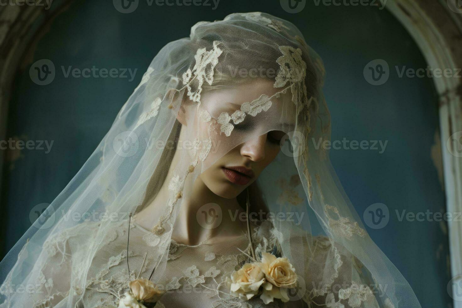 Aged model cherishes lace veil amidst pastel blues antique gold and ivory whispers photo