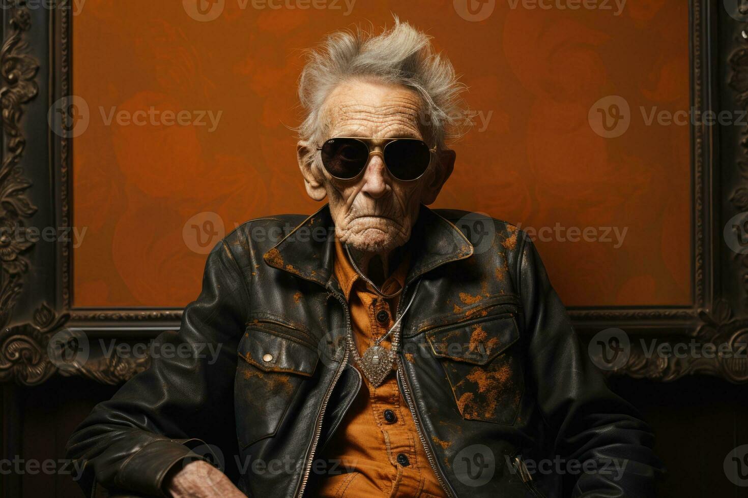 Elderly model pacing solemnly framed in intriguing monochrome rust and gilded shades photo