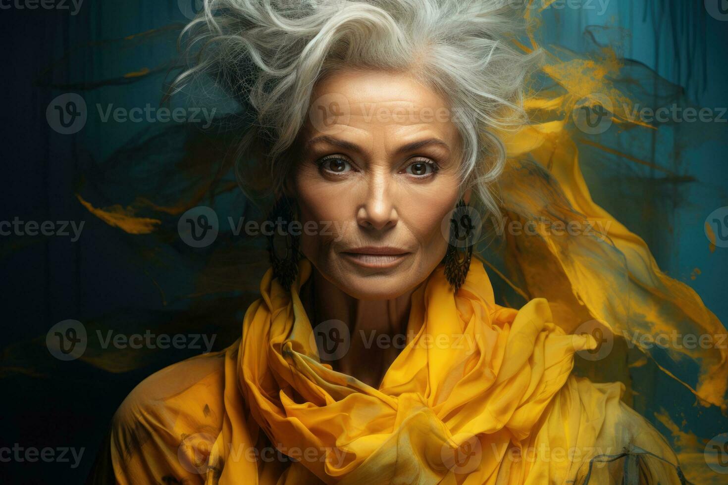 Aging model in fading limelight depicted in deep blacks soft yellows and teals photo
