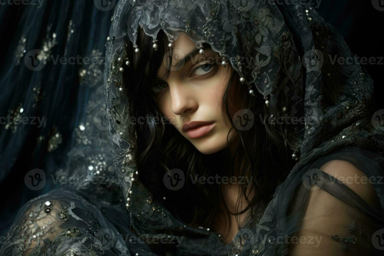 Sequin whispers from past glories aged model shrouded in silver and midnight hues photo